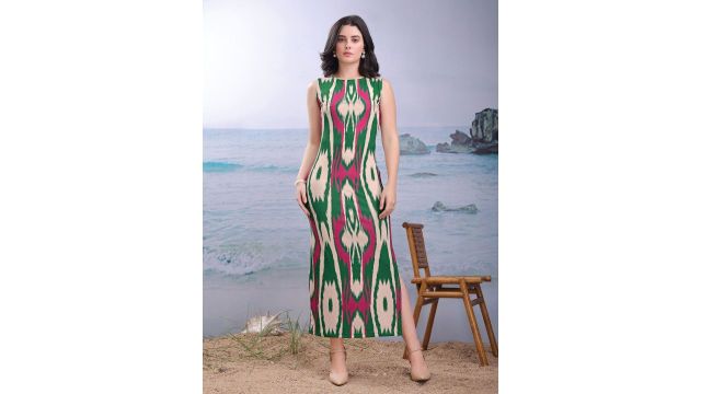 PURVAJA Geometric Ikat Printed Bodycon Maxi Dress (Multicolour, boat neck, sleeveless, slit)