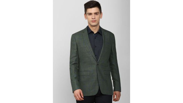 Peter England Elite Checked Slim-Fit Single Linen Breasted Blazer