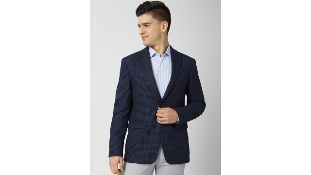 Peter England Elite Men Navy Blue Checked Single-Breasted Slim-Fit Formal Blazer