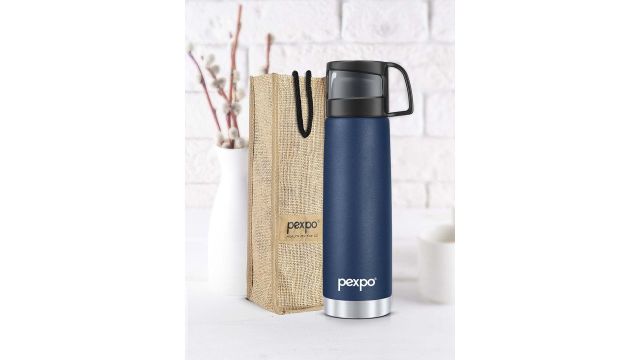 Pexpo Fererro Denim Blue ISI Certified Thermosteel Hot Flask Water Bottle & Bag – 500 ml