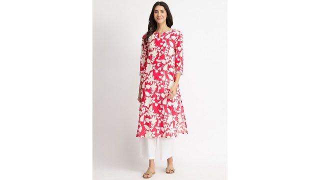 Pink Fort Floral Printed Cotton Straight Kurta (Red & White)