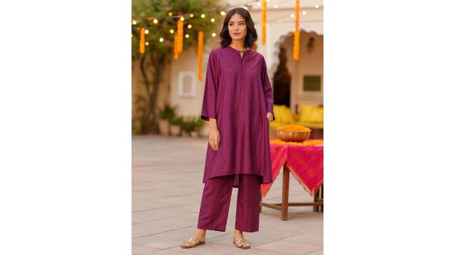 Pink Fort Regular Kurta with Trousers (Purple, Poly Silk)