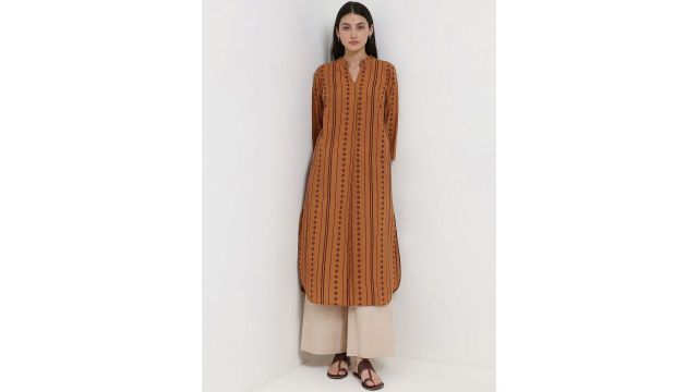 Pink Fort Striped Thread Work Kurta (Rust)