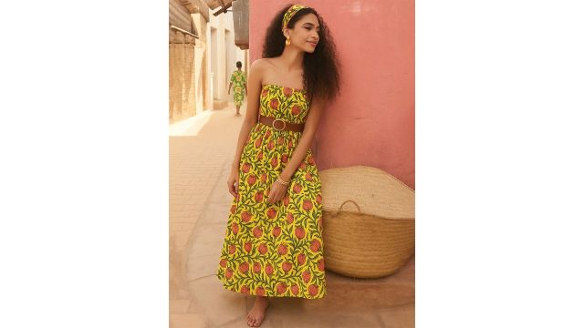 Pink Paprika by SASSAFRAS Floral Printed Smocked Pure Cotton Bandeau Maxi Dress