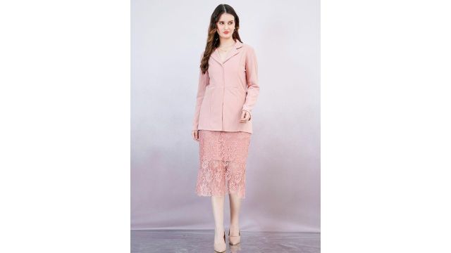 Pink lace blazer midi (shirt collar, long sleeves, lace-up, semi-sheer, lined)