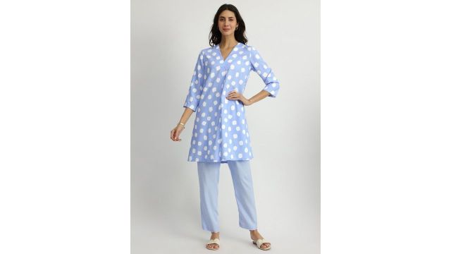 Polka Dot Printed Tunic with Trousers (Blue)