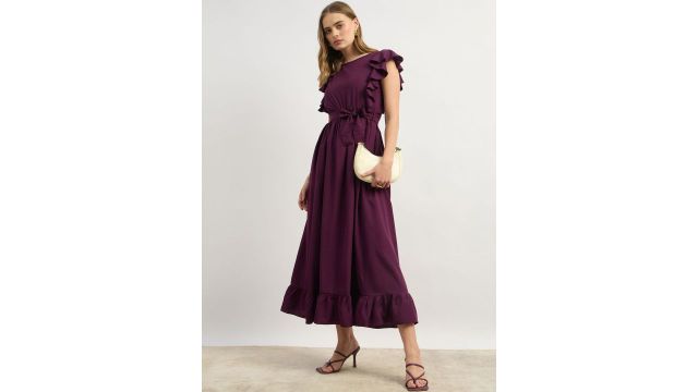 Purple boat neck flutter-sleeve ruffle wrap midi (concealed zip, flared hem)