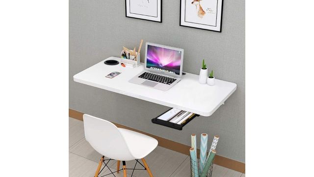 QARA Space Saving Wall Table with Cup Holder and Drawer