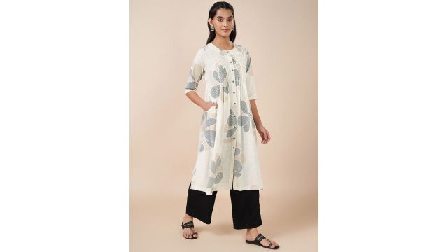 RANGMANCH BY PANTALOONS Geometric Printed Pintuck A-Line Kurta (Cream, printed)