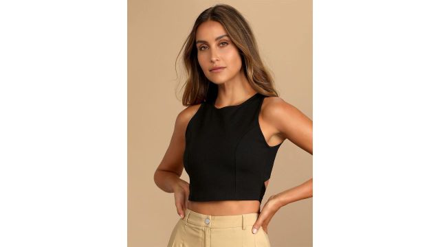 RARE Round Neck Styled Back Crop Top (Black, knitted polyester)
