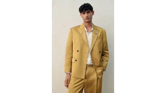 Regular Fit Double-Breasted Satin Jacket (Olive green, double-breasted)