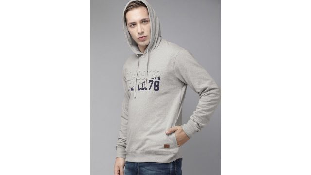 Roadster Men Grey Melange Embossed Hooded Sweatshirt