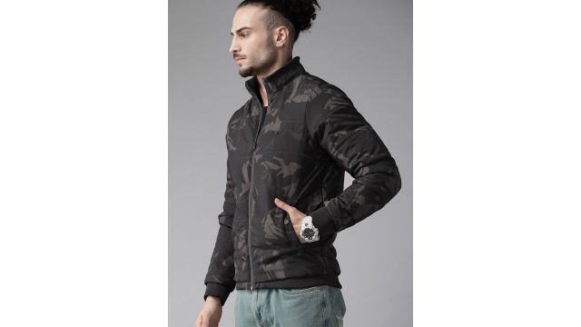 Roadster Men Olive Green & Black Camouflage Print Padded Jacket (camo, everyday puffer)