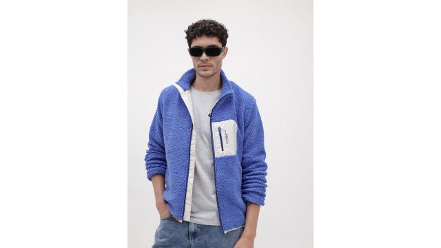Roadster The Life Co. Typography Detail Mock Collar Sherpa Jacket (blue, super cozy)
