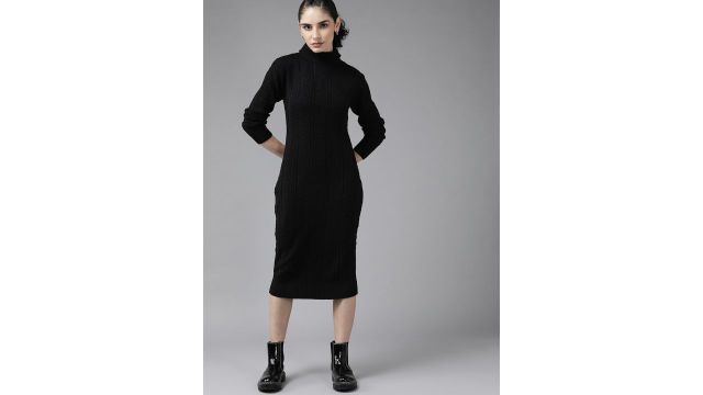 Roadster Women Black Self-Design Sweater Dress
