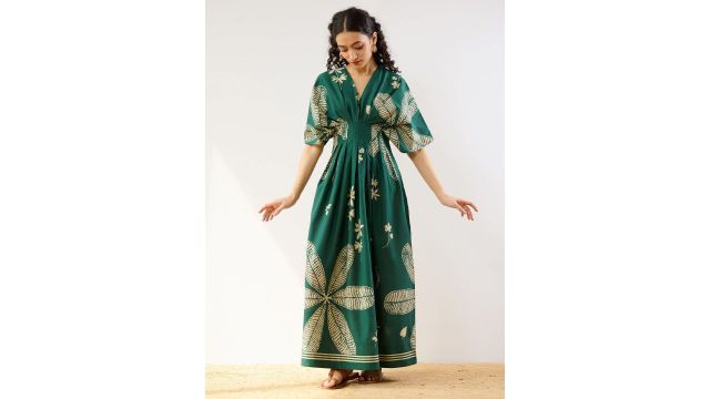 Rustorange Periwinkle Printed Cotton Pleated Maxi (Emerald Green)