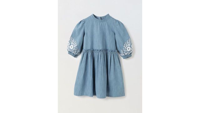 SPUNKIES Ethnic Motifs Embroidered Denim Cotton Fit & Flare Mini Dress