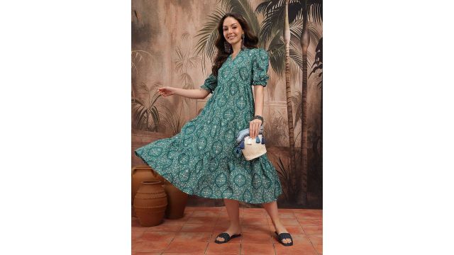 Sangria Ethnic Motifs Mandarin Collar A-Line Midi Dress