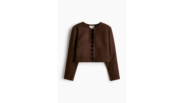 Scalloped-Edge Jacket (Dark brown, collarless, open front)