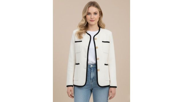 Self-Design Round Neck Front-Open Overcoat (Off-white)