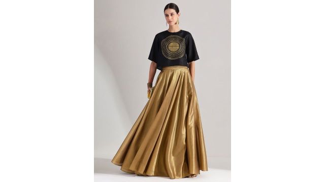 Self Design Round Neck Silk Tissue Top with Skirt Co-ords (Black & Gold)