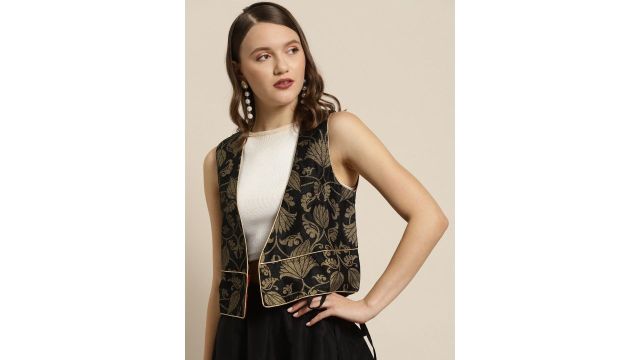 Shae by SASSAFRAS Women Black & Golden Ethnic Motifs Jacquard Waist Coat