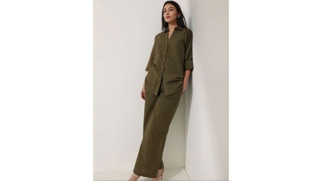Shirt-Collar Three Quarter Sleeve Shirt with Trouser Co-ords (Olive-Green, Linen Blend)