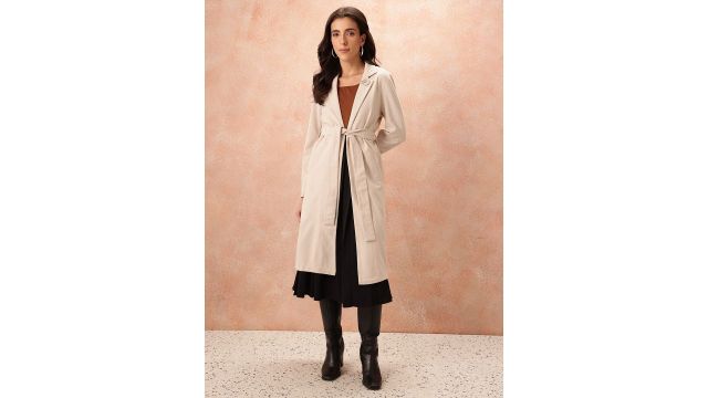 Single-Breasted Chevron Longline Overcoat (Beige, brooch + belt)