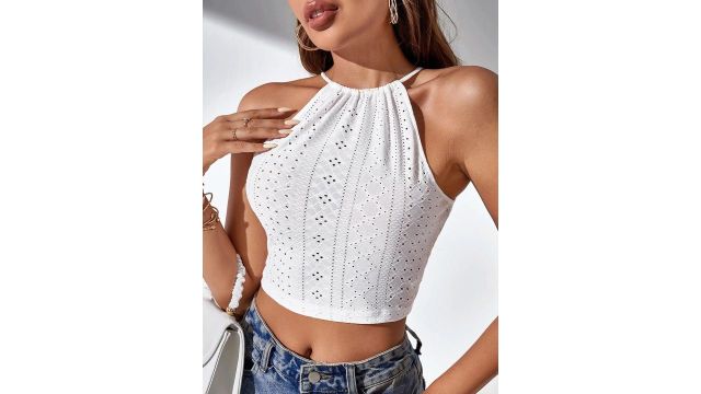 Stylecast X Slyck Self Design Halter Neck Sleeveless Crop Styled Back Top (White, halter)