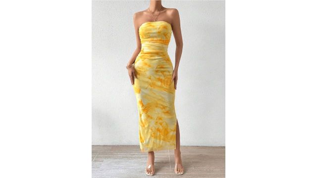 Stylecast X Slyck Yellow Floral Printed Bodycon Dress (Strapless, maxi, lined)