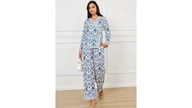 Styli Printed V-Neck Wrap Top & Flared Trouser Co-Ords