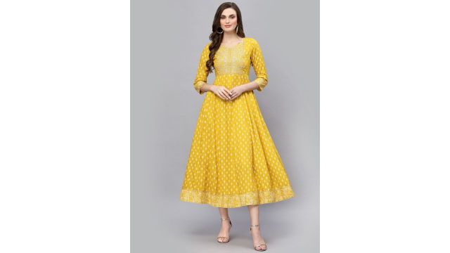 Stylum Ethnic Motifs Printed Fit & Flare Ethnic Dress (mustard