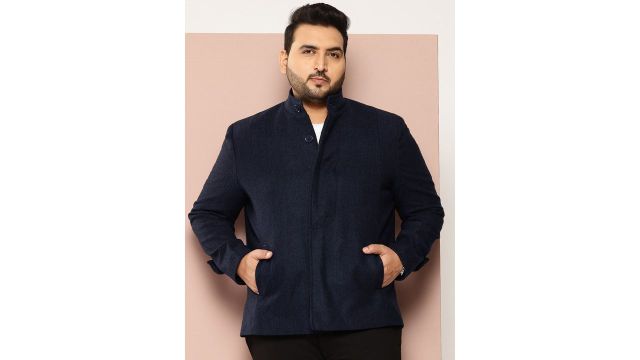 Sztori Plus Size Band Collar Single-Breasted Coat (Navy, stand collar, wool blend)