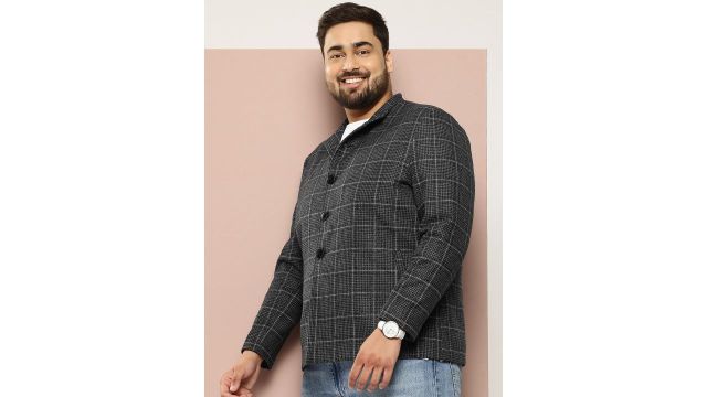 Sztori Plus Size Checked Overcoat (Black, mock collar, hooded)