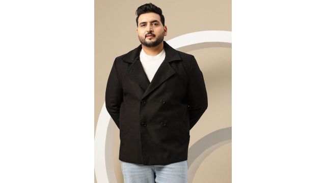 Sztori Plus Size Double-Breasted Hip Length Overcoat (Black, polyester)
