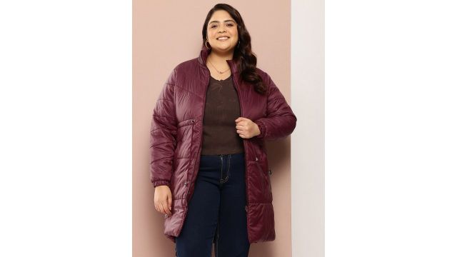 Sztori Plus Size Mock Collar Puffer Longline Jacket (maroon)