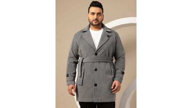Sztori Plus Size Notched Lapel Belted Longline Overcoat (Grey, polyester, machine wash)