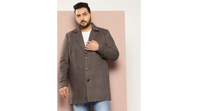 Sztori Plus Size Single-Breasted Overcoat (Brown, wool blend, geometric self-design)