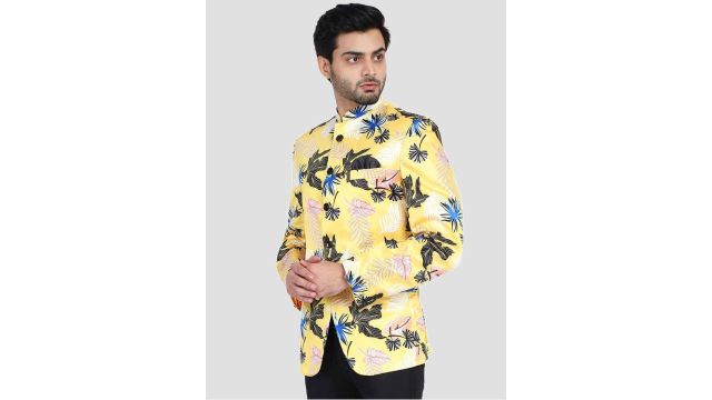 TAHVO Men Yellow & Black Printed Two-Piece Bandhgala Party Suit