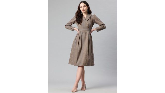 Taupe multicolour striped cotton blazer midi (lapel, puff sleeves, flared hem, back tie-up, buttons)