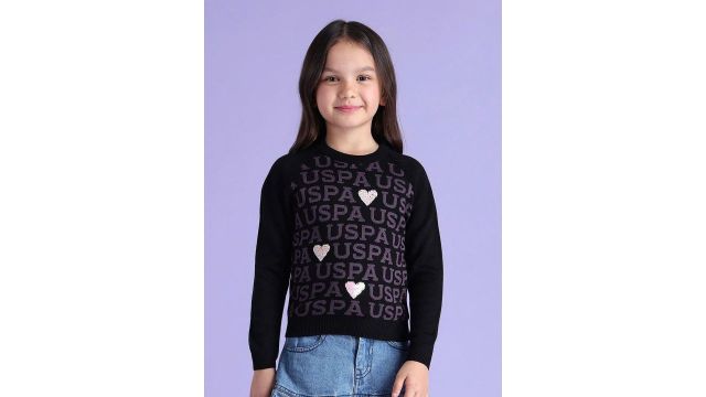 U.S. Polo Assn. Kids Girls Printed Pullover (Black, 100% acrylic, straight hem)