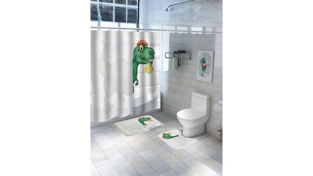 UMAI White & Green 3 Pieces Printed Shower Curtain & Bathmats