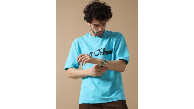 VUDU Typography Printed Round Neck Cotton Oversized T-shirt