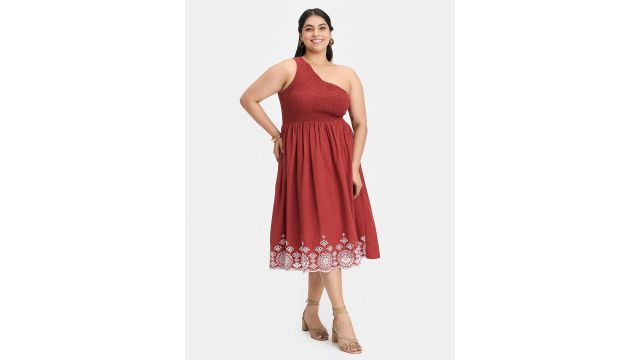Virgio Women Cotton Ethnic Motifs Smocked One Shoulder Fit & Flare Plus Size Midi Dress
