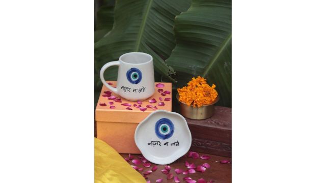 WEAVING HOMES White & Blue 2 Pieces Ceramic Cup Gift Set