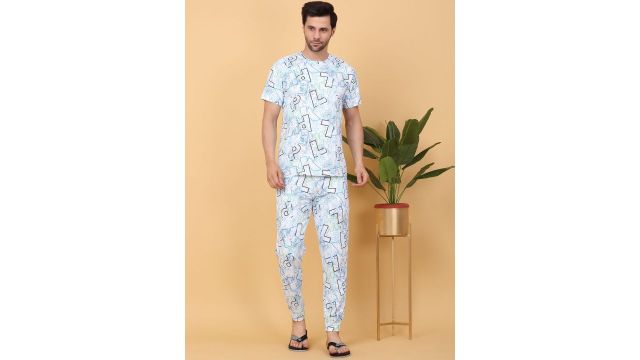 Sweet Dreams White & Blue Typography Printed Round Neck Night suit