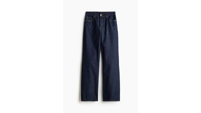 Wide High Jeans (Dark denim blue, high waist, wide straight leg, long)