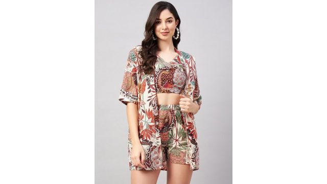 WineRed Ethnic Motifs Printed Pure Cotton Top With Shorts & Jacket