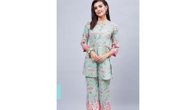 WineRed Floral Printed Round Neck Pure Cotton Top With Trouser & Scrunchie