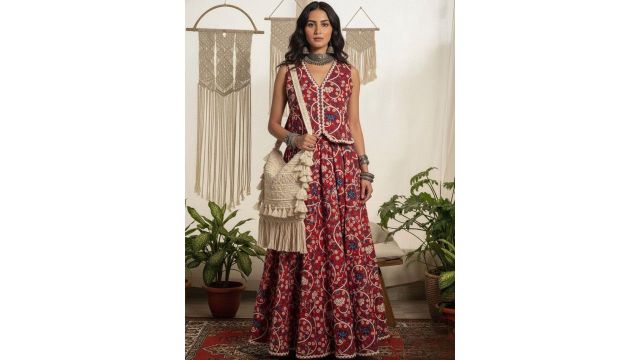 WineRed Printed Pure Cotton V-Neck Waistcoat With Skirt Co-Ords